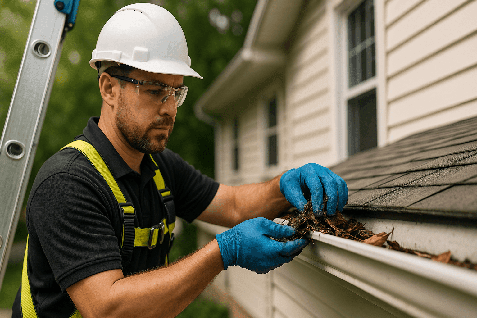 Technician cleaning debris from a home's gutter system