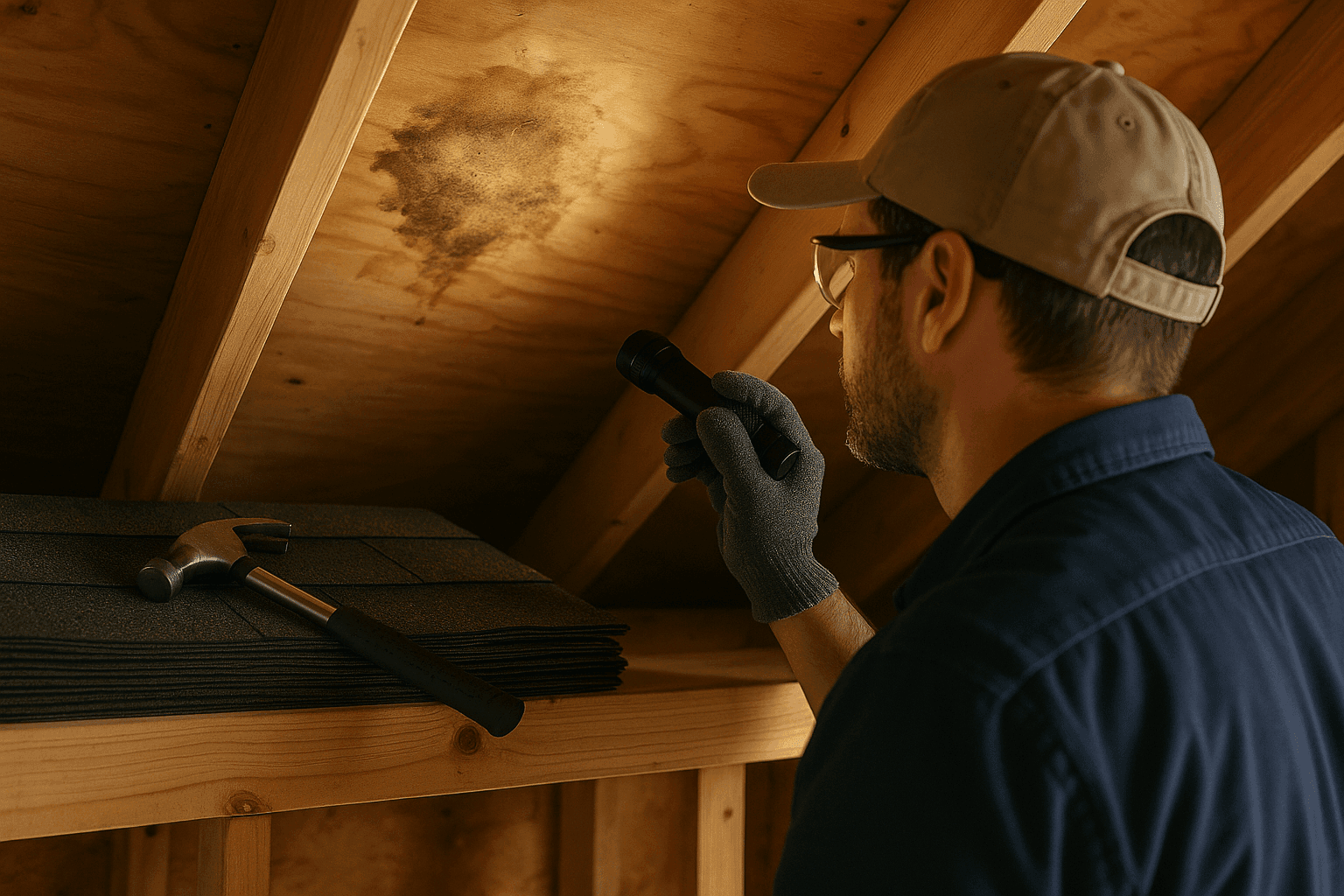 Homeowner inspecting attic roof for hidden leaks with flashlight