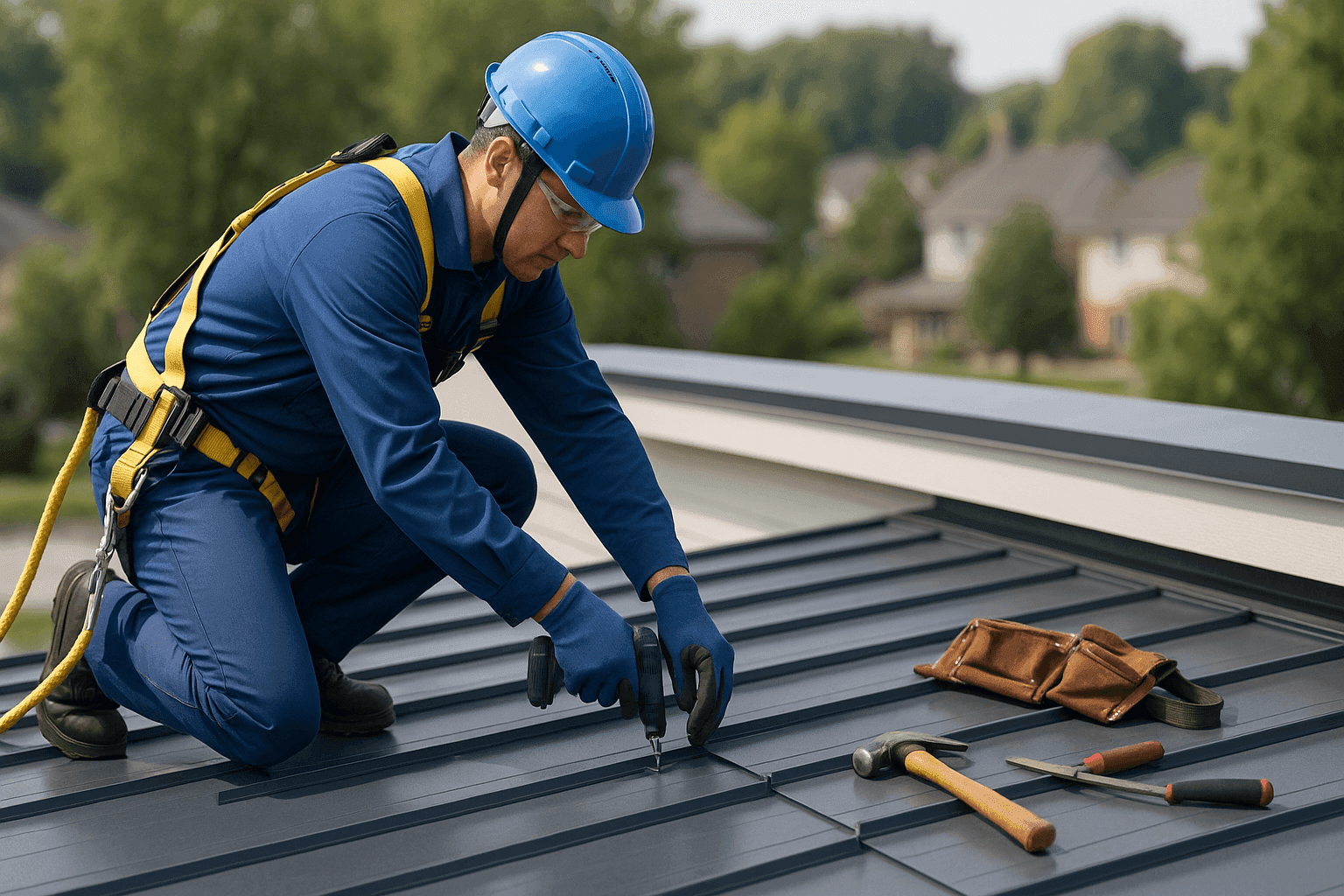 Roofer installing standing seam metal roofing on a residential home