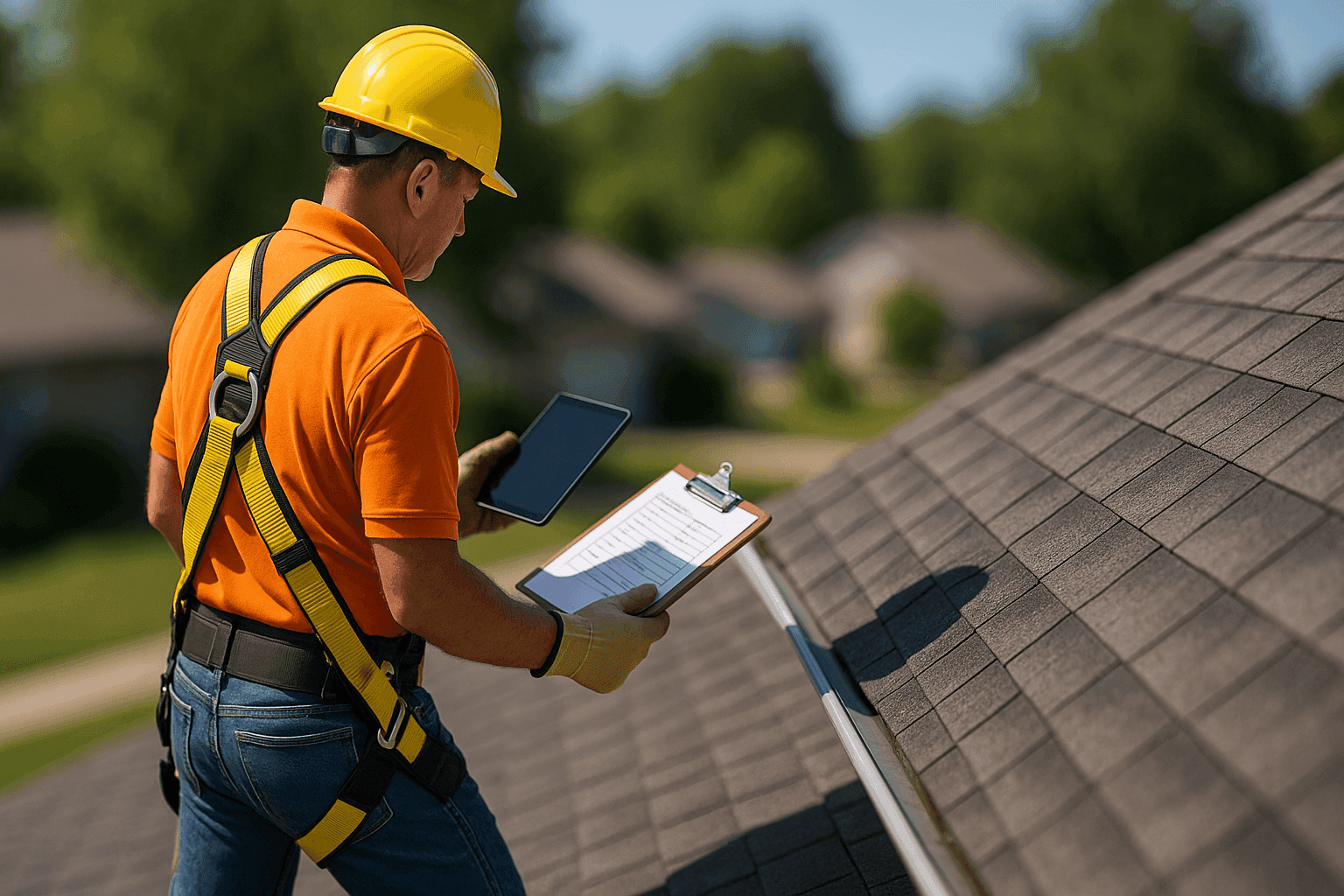 Certified roofer conducting a detailed roof inspection on a residential home