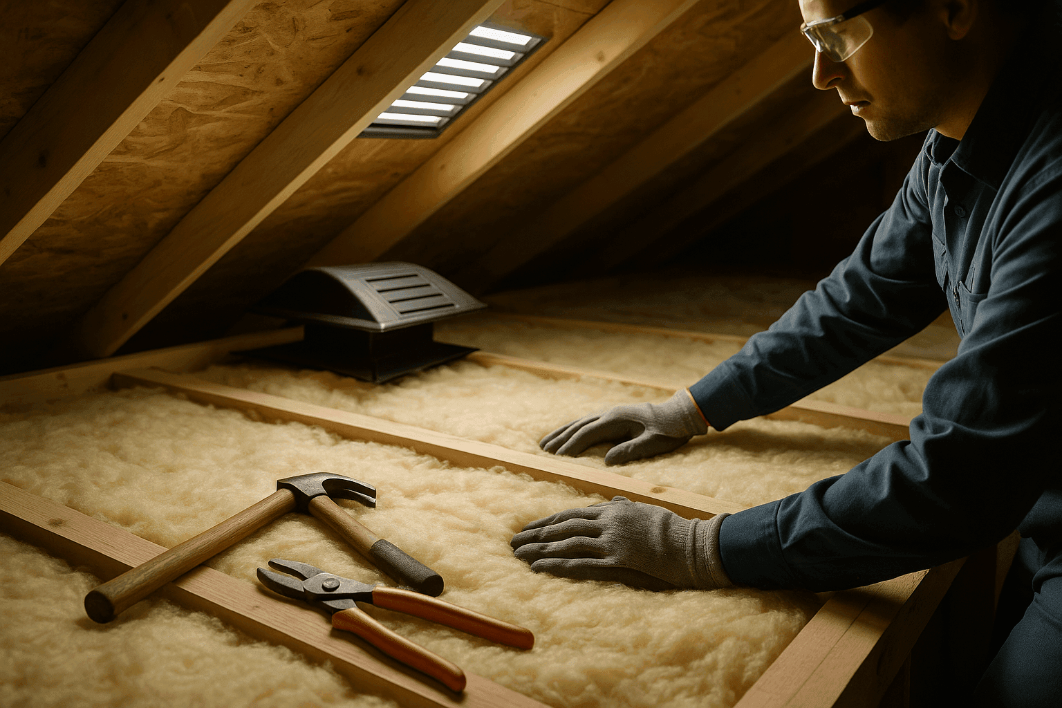Attic with roof insulation and ventilation system installed for energy efficiency