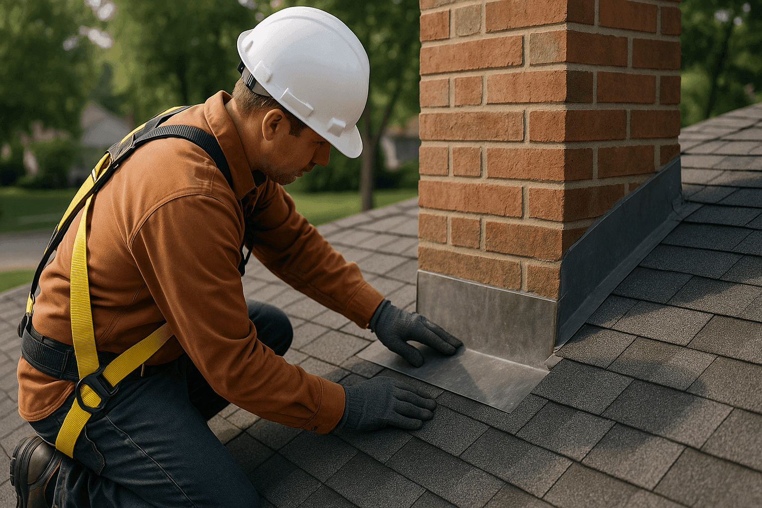 Technician inspecting roof flashing near a chimney on a home